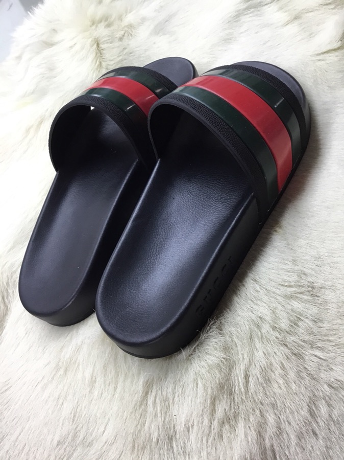 Gucci Inspired Black Slide Sandals with Red and Green Stripe