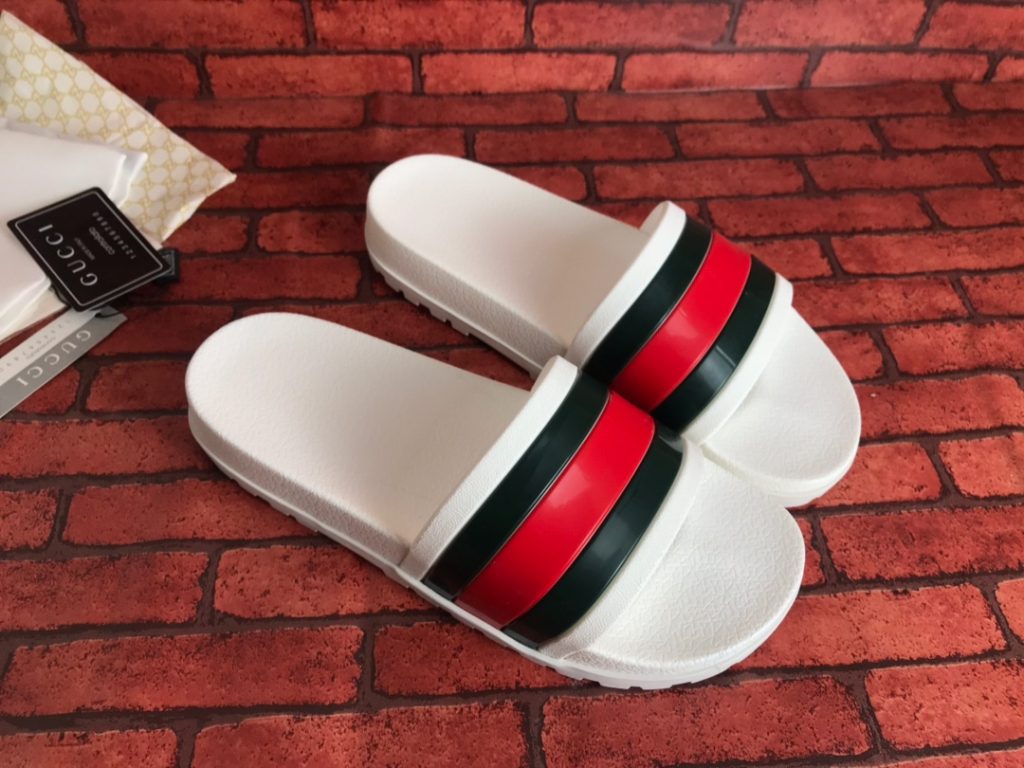 Gucci White Slide Sandals with Red and Green Stripes
