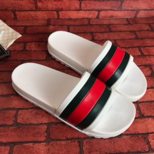 Gucci White Slide Sandals with Red and Green Stripes