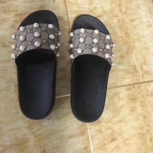 Gucci Pearl Embellished Slide Sandals in Grey and Black Leat