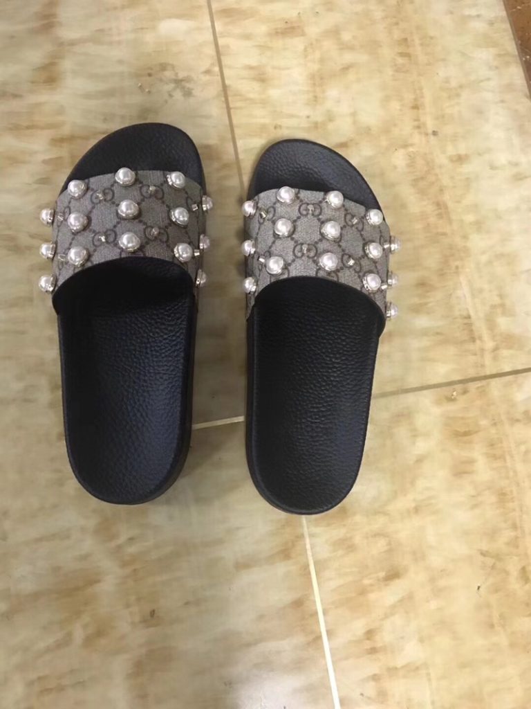 Gucci Pearl Embellished Slide Sandals in Grey and Black Leat