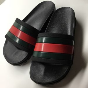 Gucci Inspired Black Slide Sandals with Green and Red Stripe