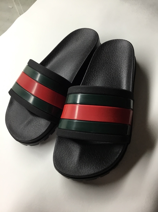 Gucci Inspired Black Slide Sandals with Green and Red Stripe