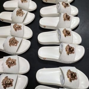 Versace Inspired White Slides with Gold Lion Emblem