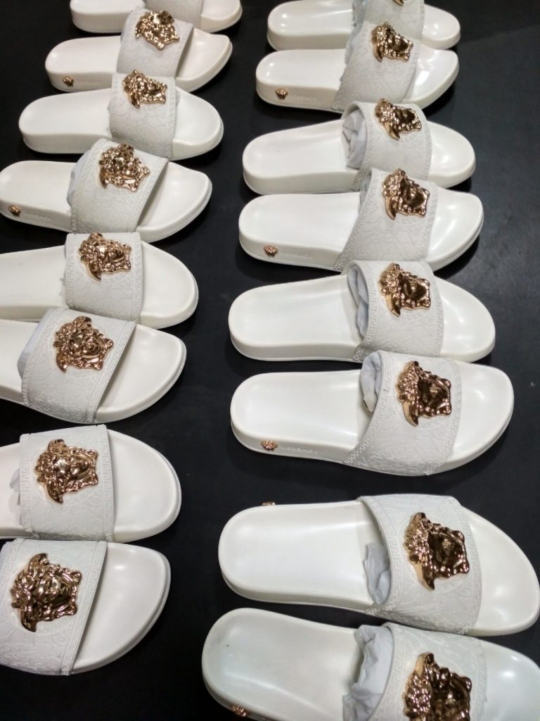 Versace Inspired White Slides with Gold Lion Emblem