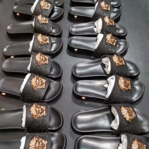 Versace Style Black Slide Sandals with Gold Lion Emblem