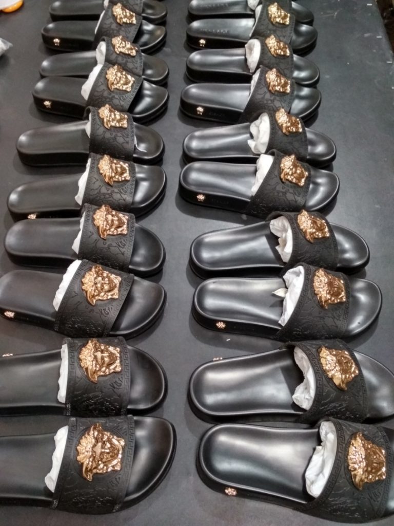 Versace Style Black Slide Sandals with Gold Lion Emblem