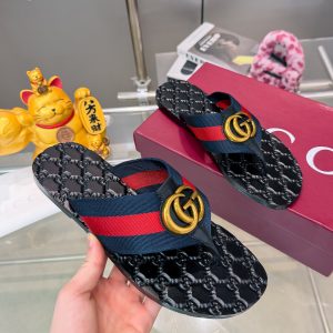 Gucci Men's Logo Flip Flops in Black and Red Nylon