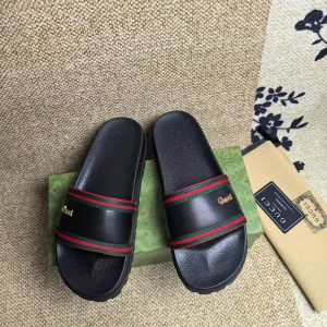 Gucci Black Slide Sandals with Green and Red Stripes