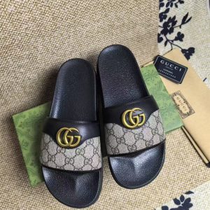 Gucci Brown Monogram Slide Sandals in Leather