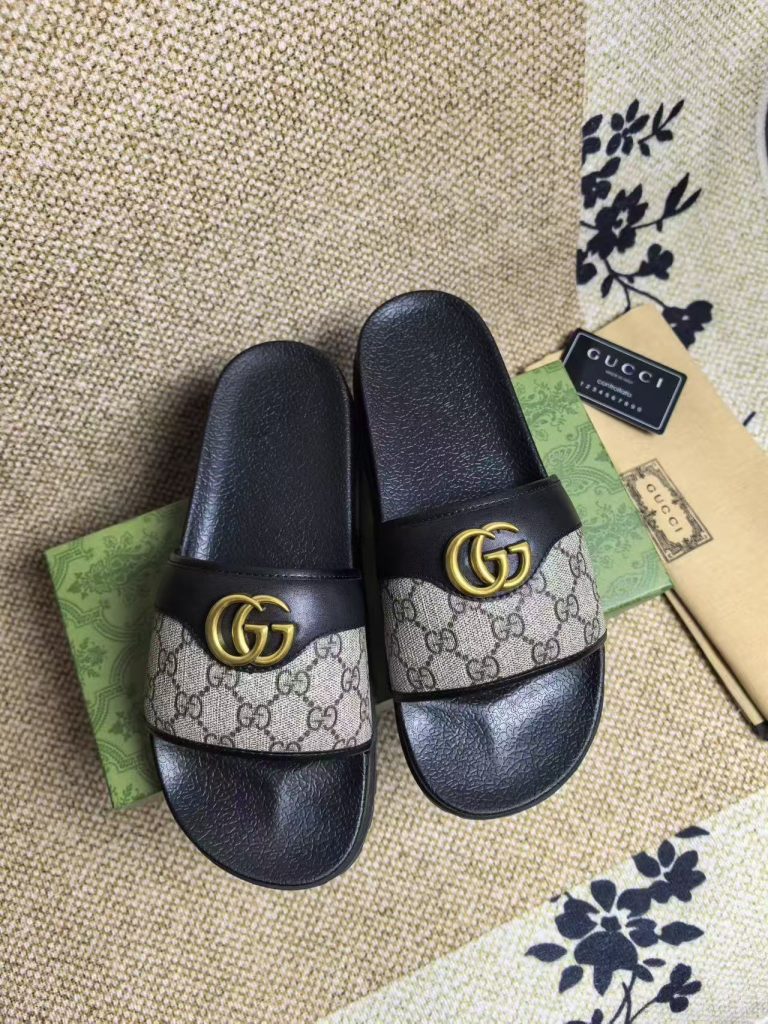Gucci Brown Monogram Slide Sandals in Leather