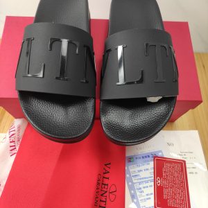 Valentino Black Leather Logo Slide Sandals for Men