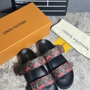 Louis Vuitton Floral Print Slide Sandals in Dark Brown Leath