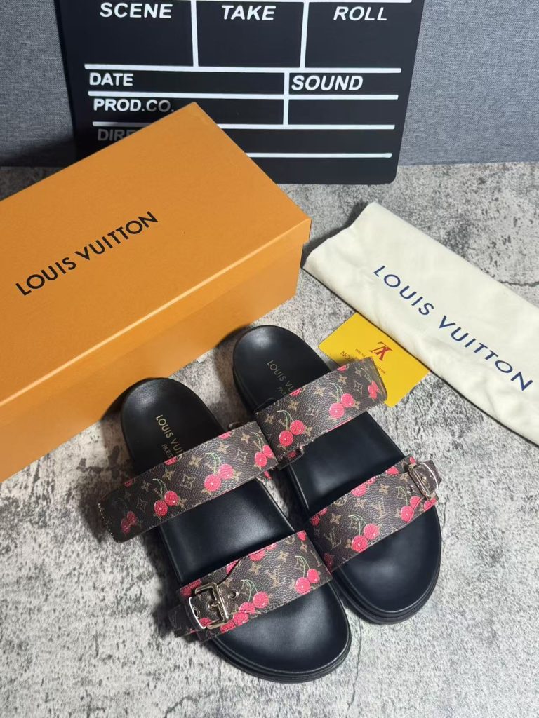 Louis Vuitton Floral Print Slide Sandals in Dark Brown Leath