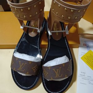 Louis Vuitton Brown Leather Studded Sandals with Monogram Pa