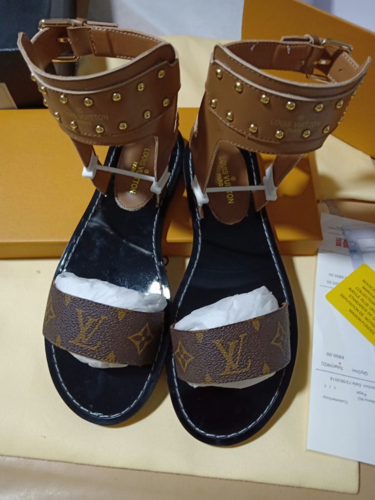 Louis Vuitton Brown Leather Studded Sandals with Monogram Pa