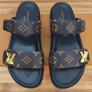 Louis Vuitton Monogram Brown Leather Slide Sandals for Women