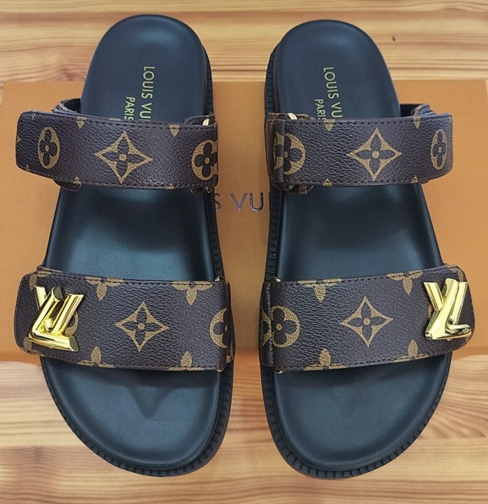 Louis Vuitton Monogram Brown Leather Slide Sandals for Women