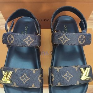 Louis Vuitton Monogram Brown Slide Sandals with Gold Accents