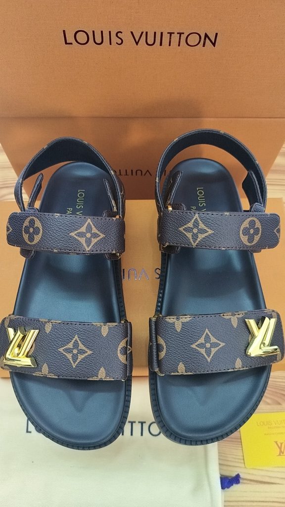 Louis Vuitton Monogram Brown Slide Sandals with Gold Accents