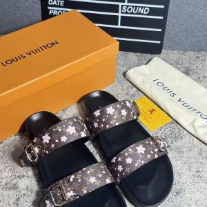 Louis Vuitton Floral Print Slide Sandals in Brown Rubber
