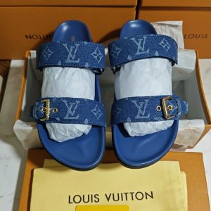 Louis Vuitton Denim Blue Slide Sandals with Signature Print