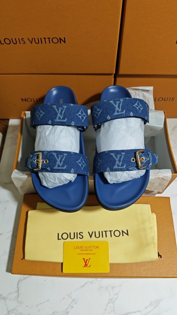 Louis Vuitton Denim Blue Slide Sandals with Signature Print