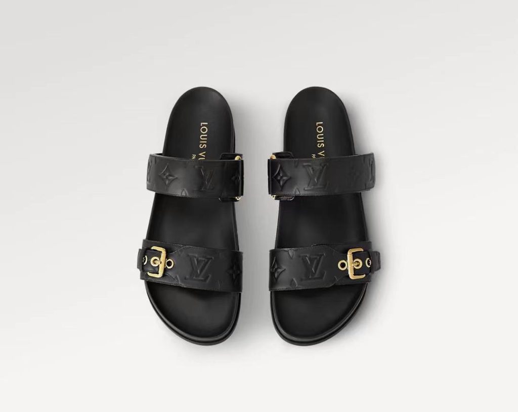 Louis Vuitton Monogram Black Slide Sandals with Gold Buckles