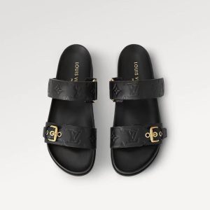 Louis Vuitton Monogram Black Slide Sandals with Gold Buckles