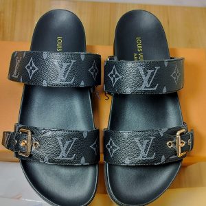 Louis Vuitton Monogram Black Leather Slide Sandals for Women