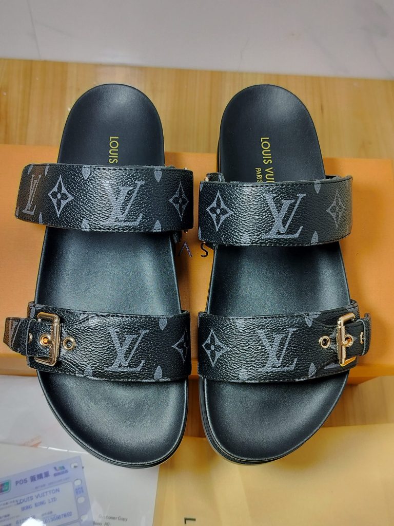 Louis Vuitton Monogram Black Leather Slide Sandals for Women