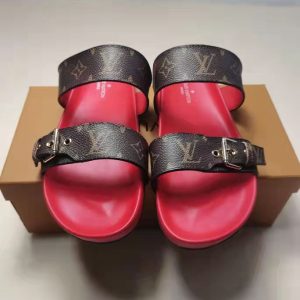 Louis Vuitton Monogram Brown Buckle Slide Sandals with Red S