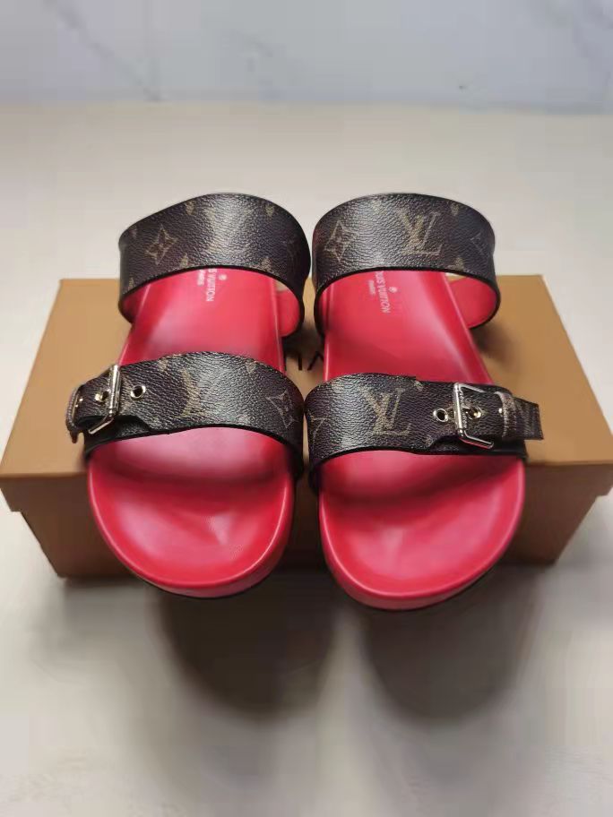 Louis Vuitton Monogram Brown Buckle Slide Sandals with Red S