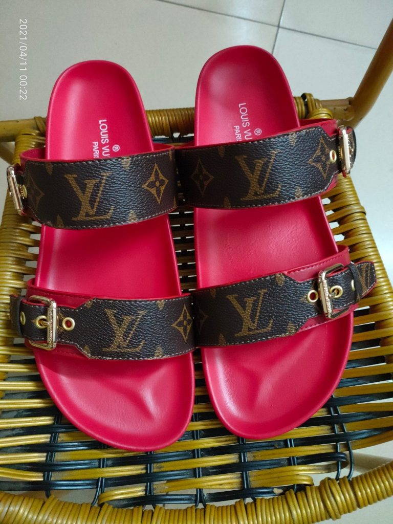 Louis Vuitton Monogram Brown & Red Slide Sandals for Women
