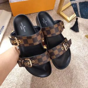 Louis Vuitton Monogram Slide Sandals Brown Checkered Patte
