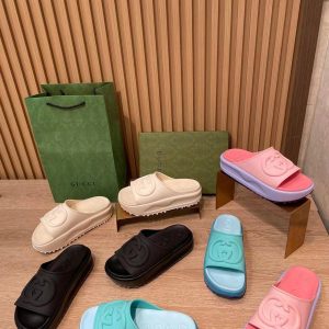 Gucci Unisex Slide Sandals Pink, Black, Cream & Blue Rubbe