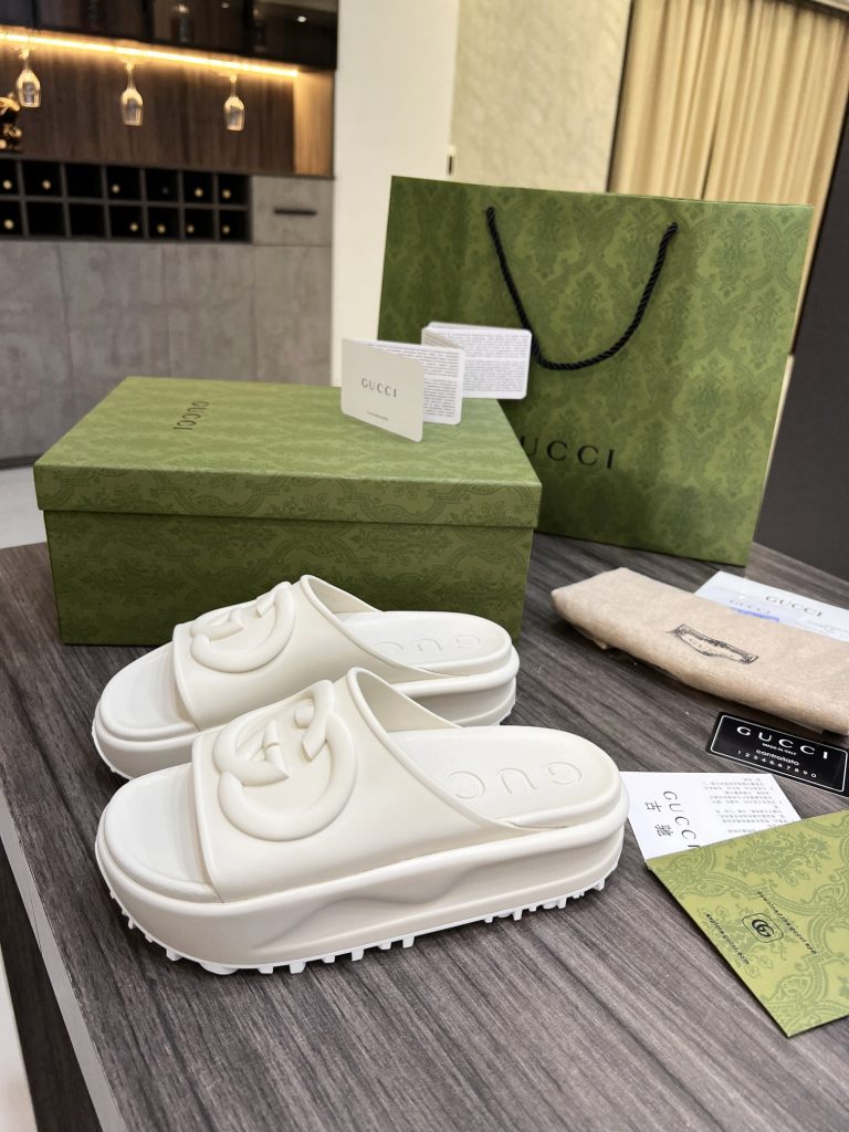 Gucci White Rubber Slide Sandals with Logo Emblem