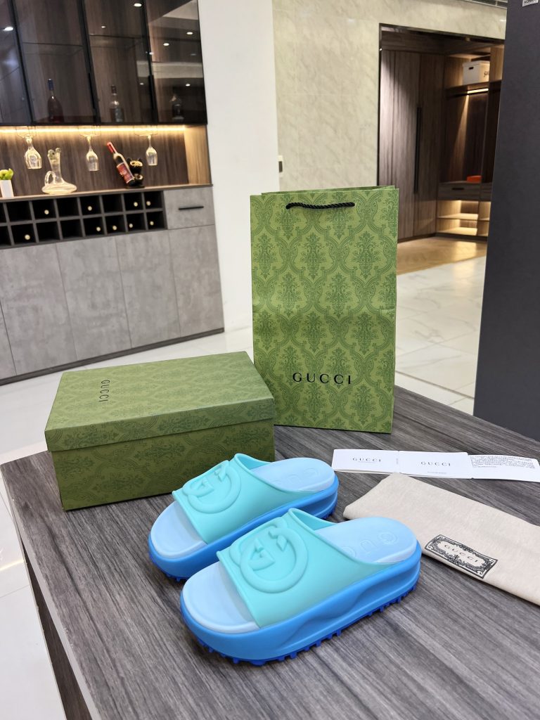 Gucci Aqua Blue Logo Slides Sandals for Men or Women