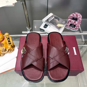 Gucci Men's Burgundy Leather Cross Band Slide Sandals