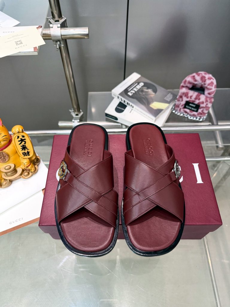 Gucci Men’s Burgundy Leather Cross Band Slide Sandals