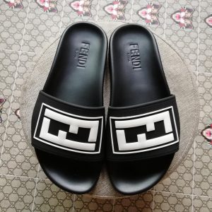 Fendi Black Slide Sandals with Bold Logo Strap