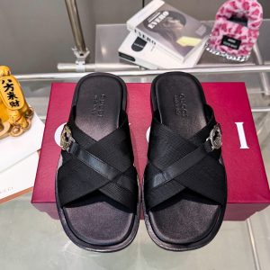 Gucci Black Cross Strap Slide Sandals in Textile