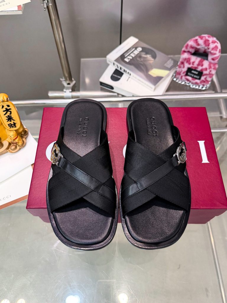 Gucci Black Cross Strap Slide Sandals in Textile