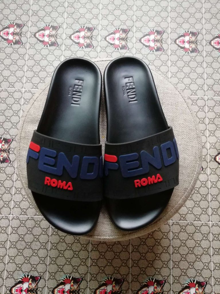 Fendi Roma Black Slide Sandals with Logo Strap