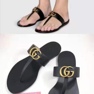 Gucci Black Leather GG Logo Flip Flops for Women