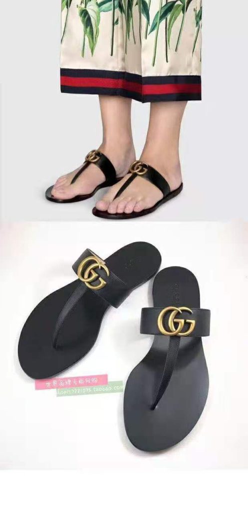 Gucci Black Leather GG Logo Flip Flops for Women