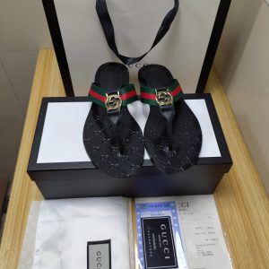 Gucci Black Leather Logo Flip Flops with Green & Red Strap