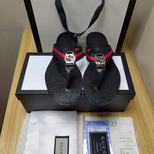 Gucci Men's Black Logo Flip Flops with Red and Blue Striped