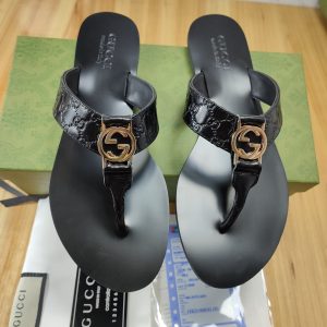 Gucci Women's Black Leather Logo Flip Flops, Stylish Summer