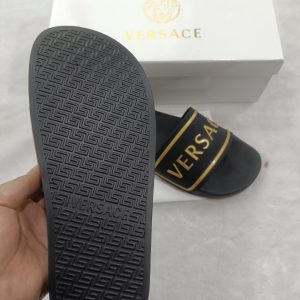 Versace Men's Black Slide Sandals with Gold Logo Strap